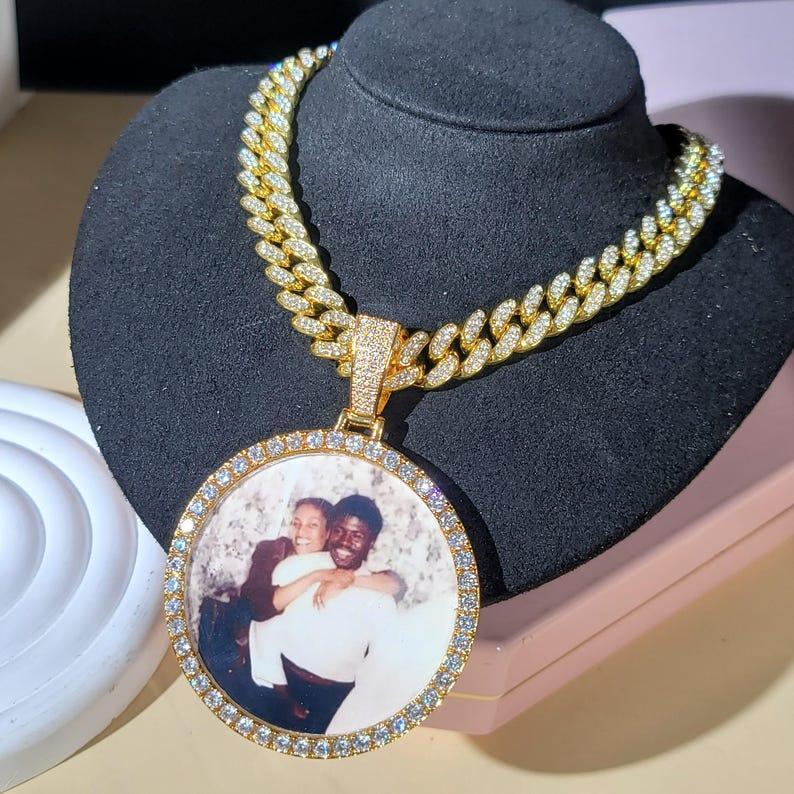 Customized Oversize Photo Pendant Necklace: Iced Out Cuban Chain, Engraved Memory Gift - CaratixJewelry